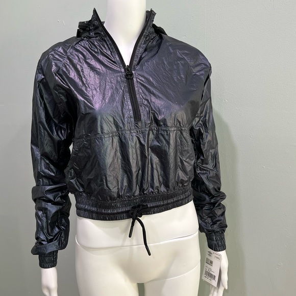 NWT UMBRO Windbreaker Light Jacket Hood Black Iridescent Crop Cropped - Picture 2 of 10